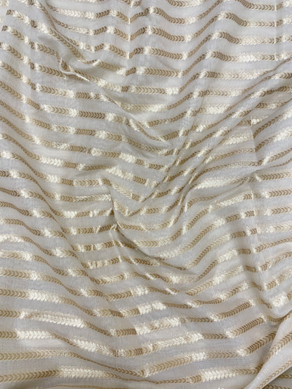 Premium Attractive Leafy Stripe Zari Weaving On White Dyeable Banarasi Chanderi Jacquard