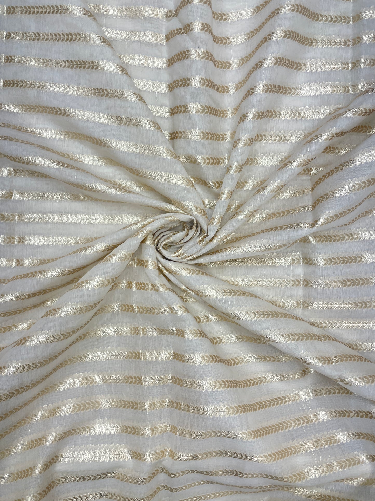 Premium Attractive Leafy Stripe Zari Weaving On White Dyeable Banarasi Chanderi Jacquard