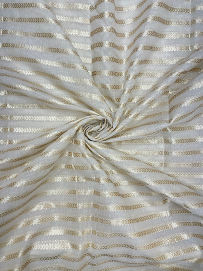 Premium Attractive Leafy Stripe Zari Weaving On White Dyeable Banarasi Chanderi Jacquard