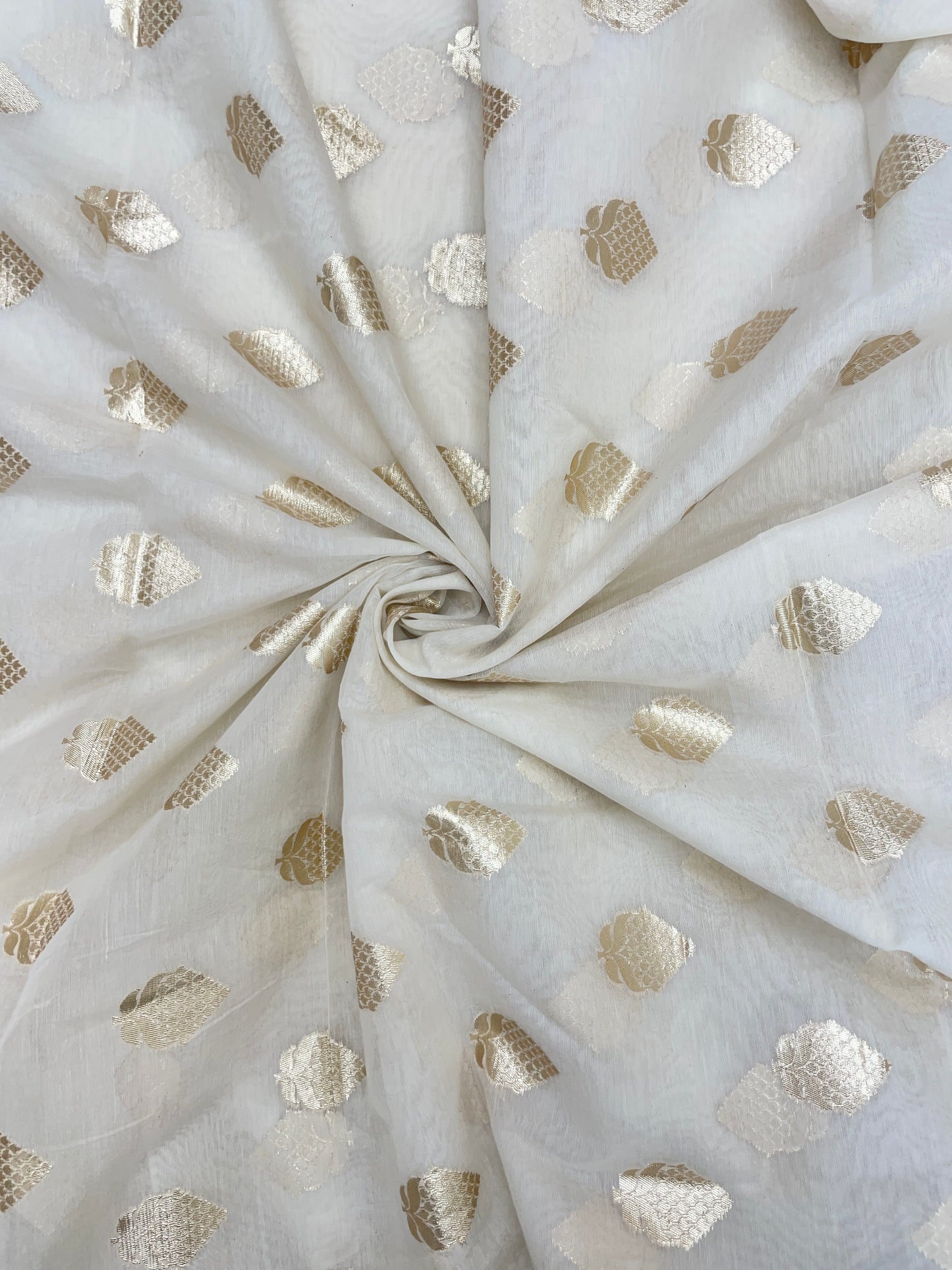 Adorable Beautiful Golden Zari Weaving Motif On White Dyeable Banarasi Chanderi Jacquard Fabric