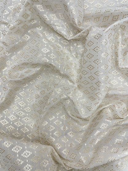 Marvelous Unique All Over Golden Zari Weaving Dots On White Dyeable Banarasi Chanderi Jacquard Fabric