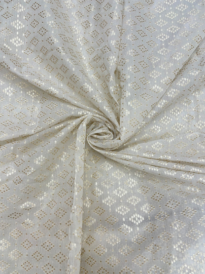 Marvelous Unique All Over Golden Zari Weaving Dots On White Dyeable Banarasi Chanderi Jacquard Fabric