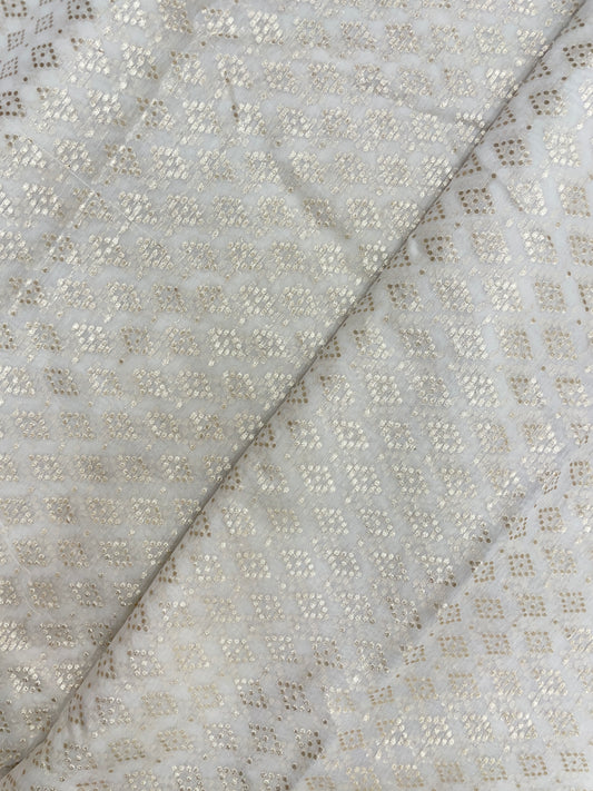 Marvelous Unique All Over Golden Zari Weaving Dots On White Dyeable Banarasi Chanderi Jacquard Fabric