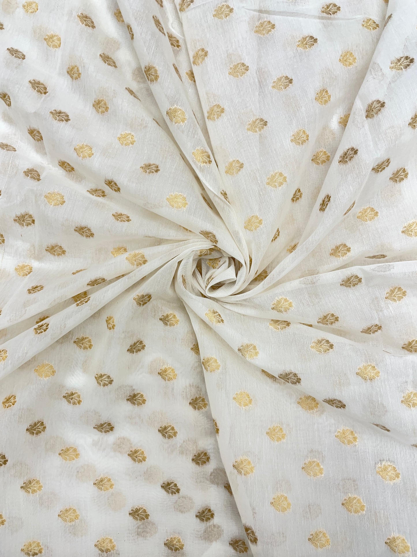 Elegant Dainty All Over Golden Zari Weaving Motif On White Dyeable Banarasi Chanderi Jacquard Fabric