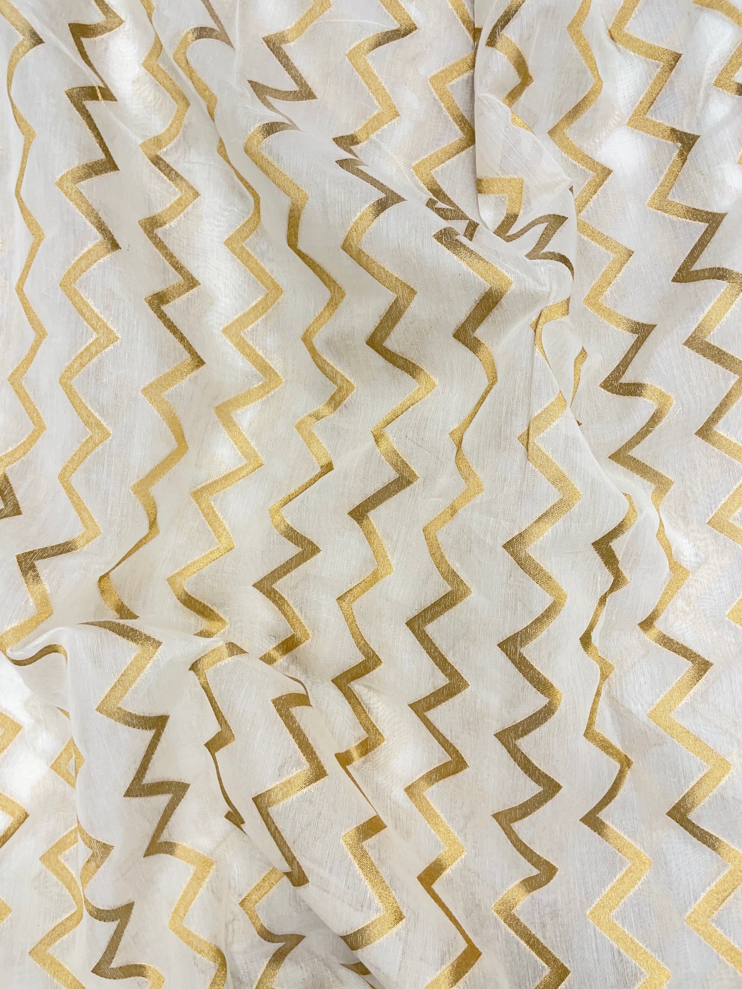 Premium Luxurious Zig Zag Golden Zari Weaving ON White Dyeable Banarasi Chanderi Jacquard Fabric