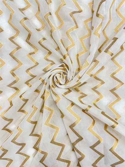 Premium Luxurious Zig Zag Golden Zari Weaving ON White Dyeable Banarasi Chanderi Jacquard Fabric