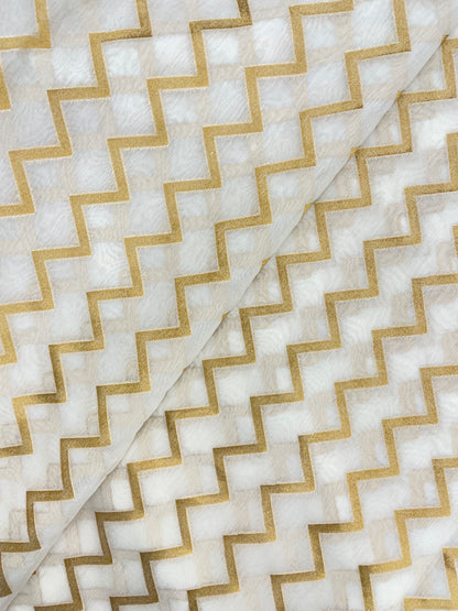 Premium Luxurious Zig Zag Golden Zari Weaving ON White Dyeable Banarasi Chanderi Jacquard Fabric