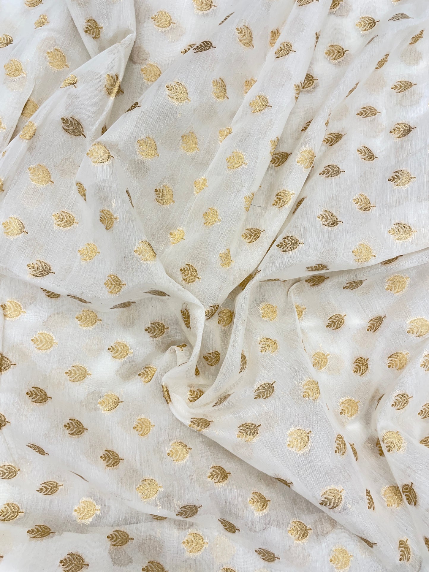 Pretty Adorable Golden Zari Weaving Motif On White Dyeable Banarasi Chanderi Jacquard fabric