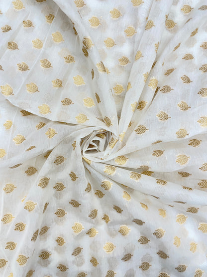 Pretty Adorable Golden Zari Weaving Motif On White Dyeable Banarasi Chanderi Jacquard fabric