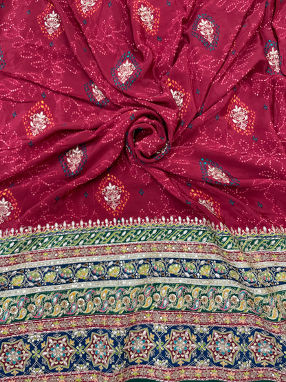 Adorable Bandhani Print With Border Work On Crepe Fabric