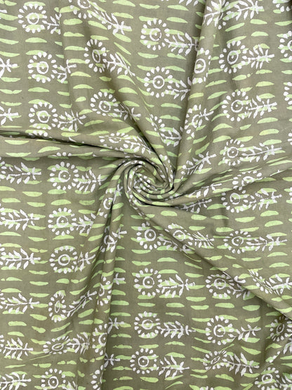 Adorable Attractive Green And White Block Print On Cotton Fabric