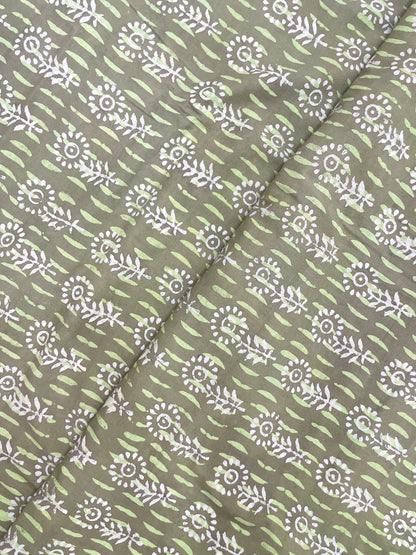 Adorable Attractive Green And White Block Print On Cotton Fabric