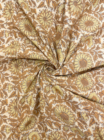 Pretty Fabulous Mustard Yellow Flower Block Print On Cotton Fabric