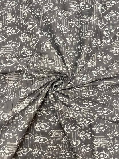 Exquisite Elegant Grey Block Print On Cotton Fabric