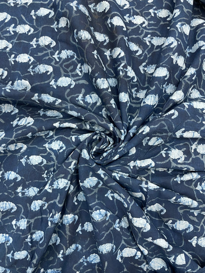 Superb Elegant Block Print On Blue Cotton Fabric