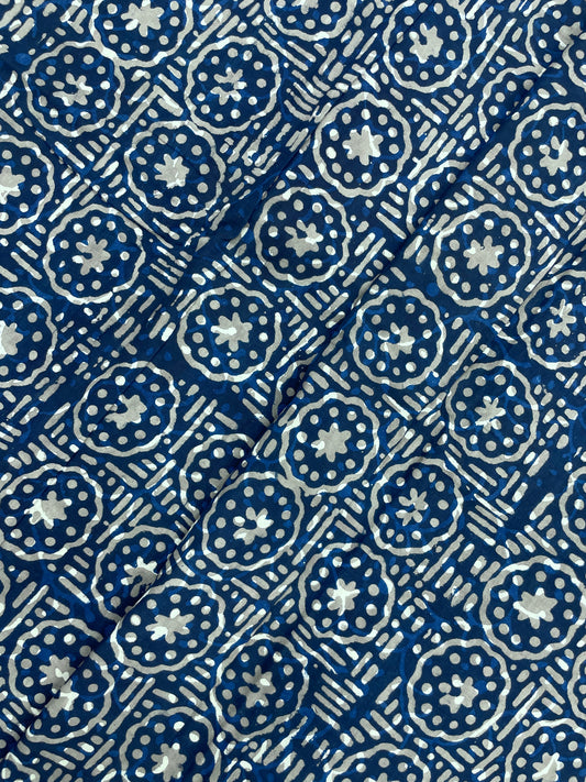Unique Adorable Block Print On Blue Cotton Fabric