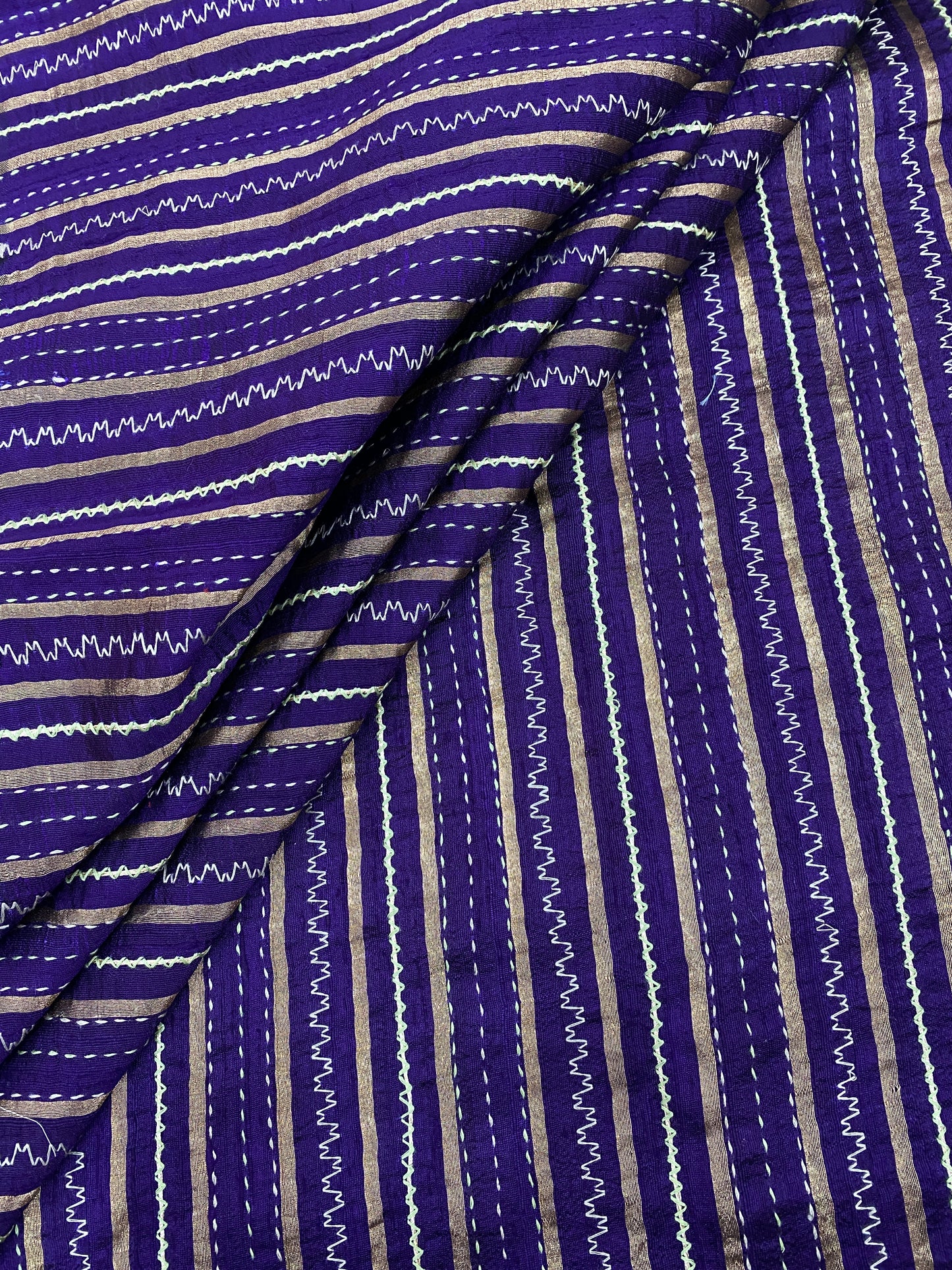 Pure Raw Silk Tissue Stripes With Hand Katha Work