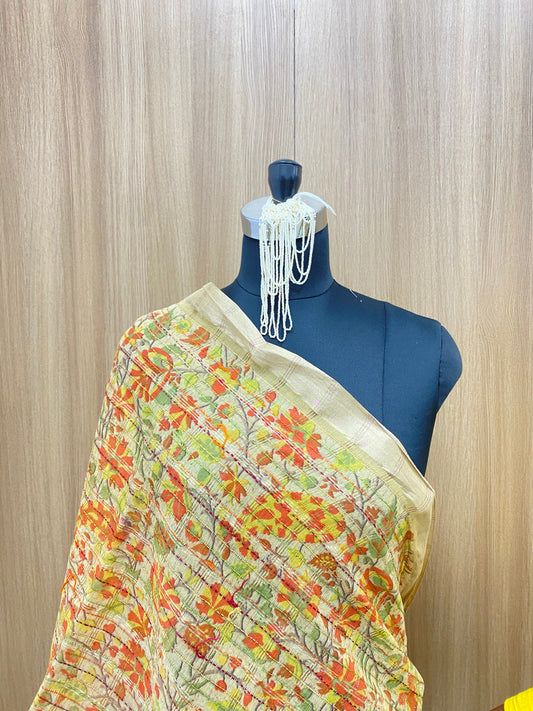 Enchanting Beautiful Floral Multi Thread Embroidery With Golden Zari Work And Print On Cotton Chanderi Dupatta