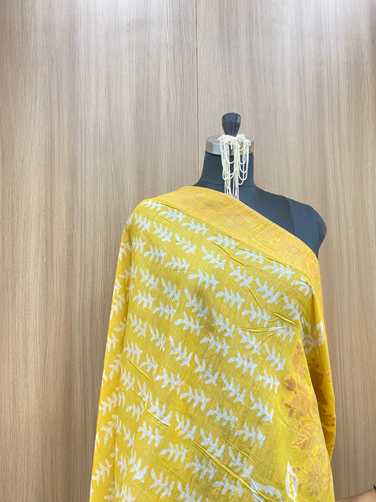 Unique Premium Traditional Leafy Print With Golden Zari Work On Yellow Colored Cotton Chanderi Dupatta