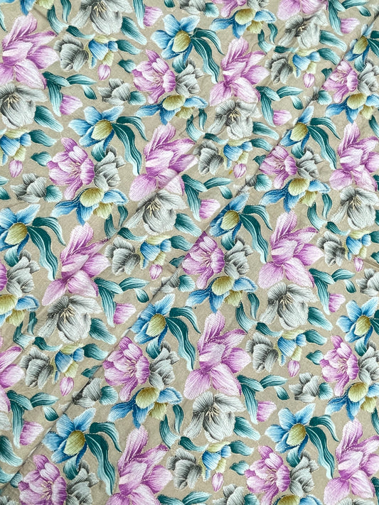 Pleasing Stunning Multi Color Floral Print With Zari Work On Crepe Cotton Fabric