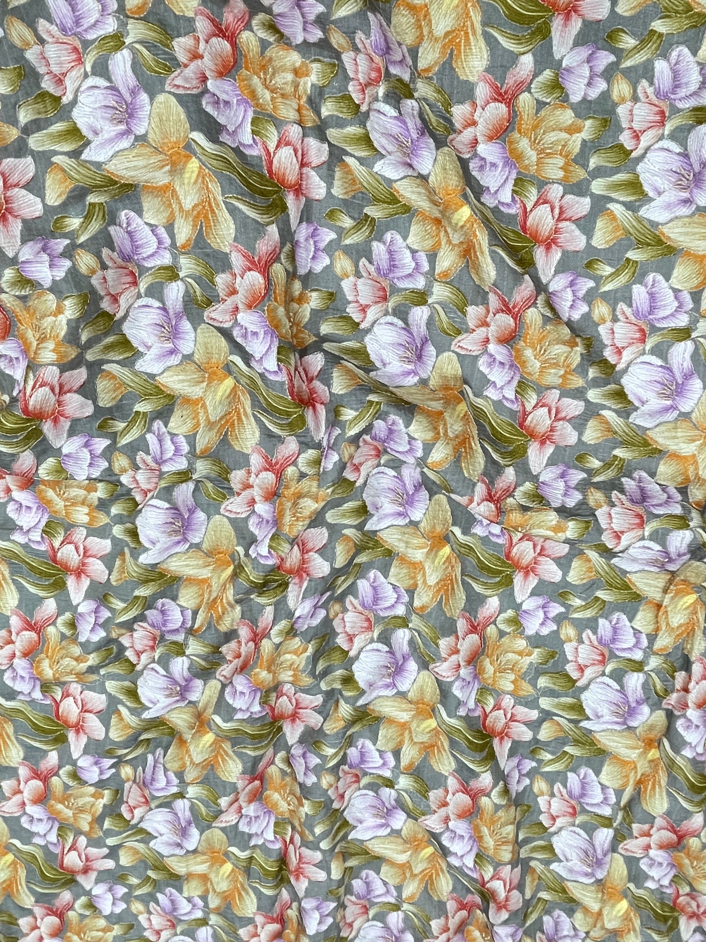 Pleasing Stunning Multi Color Floral Print With Zari Work On Crepe Cotton Fabric