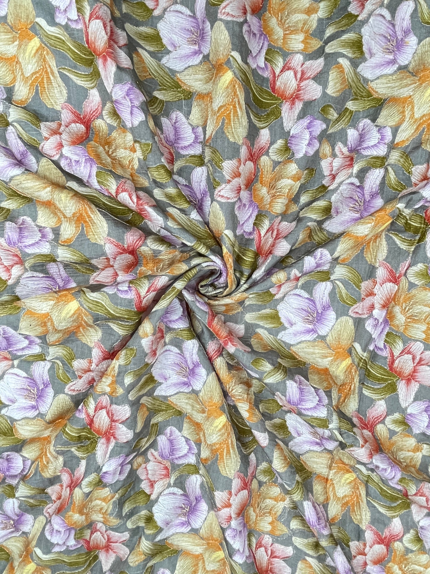 Pleasing Stunning Multi Color Floral Print With Zari Work On Crepe Cotton Fabric