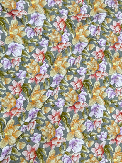 Pleasing Stunning Multi Color Floral Print With Zari Work On Crepe Cotton Fabric