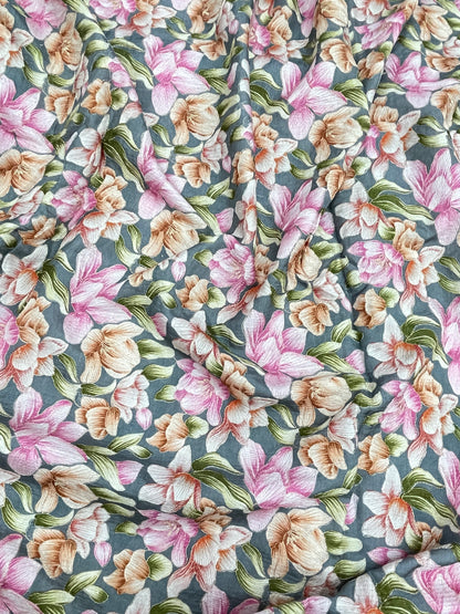 Pleasing Stunning Multi Color Floral Print With Zari Work On Crepe Cotton Fabric