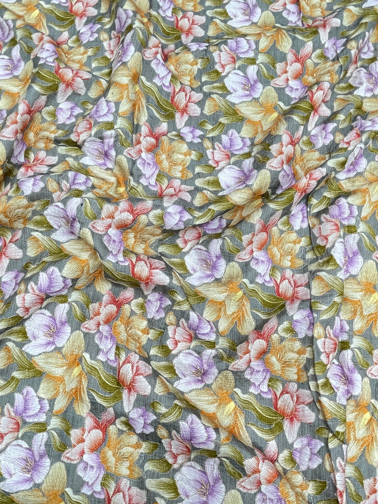 Pleasing Stunning Multi Color Floral Print With Zari Work On Crepe Cotton Fabric