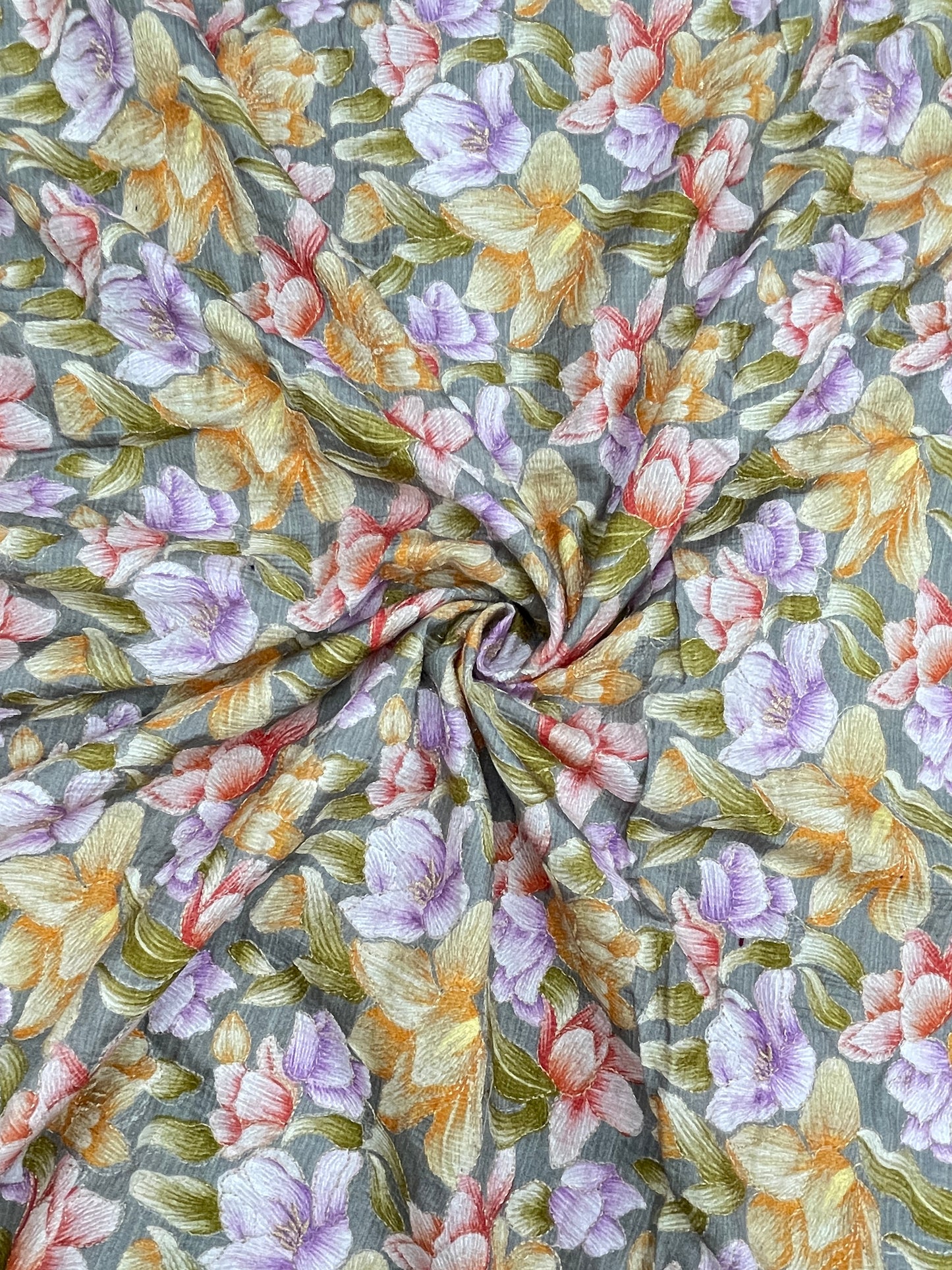 Pleasing Stunning Multi Color Floral Print With Zari Work On Crepe Cotton Fabric