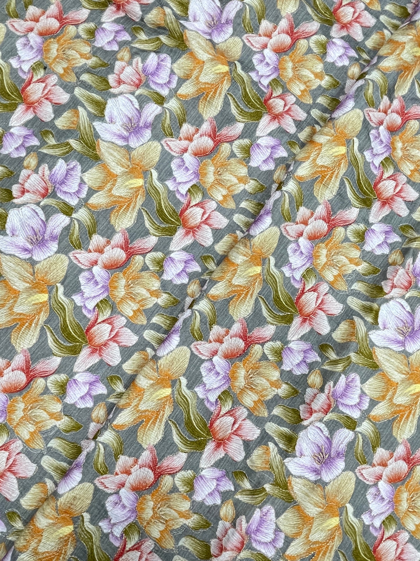 Pleasing Stunning Multi Color Floral Print With Zari Work On Crepe Cotton Fabric