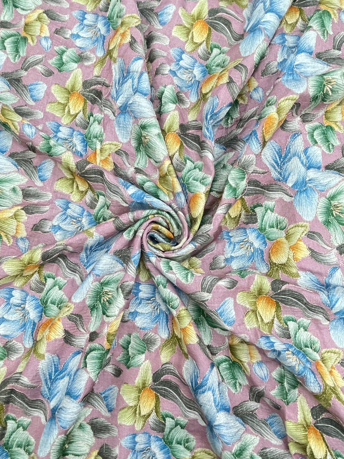 Pleasing Stunning Multi Color Floral Print With Zari Work On Crepe Cotton Fabric