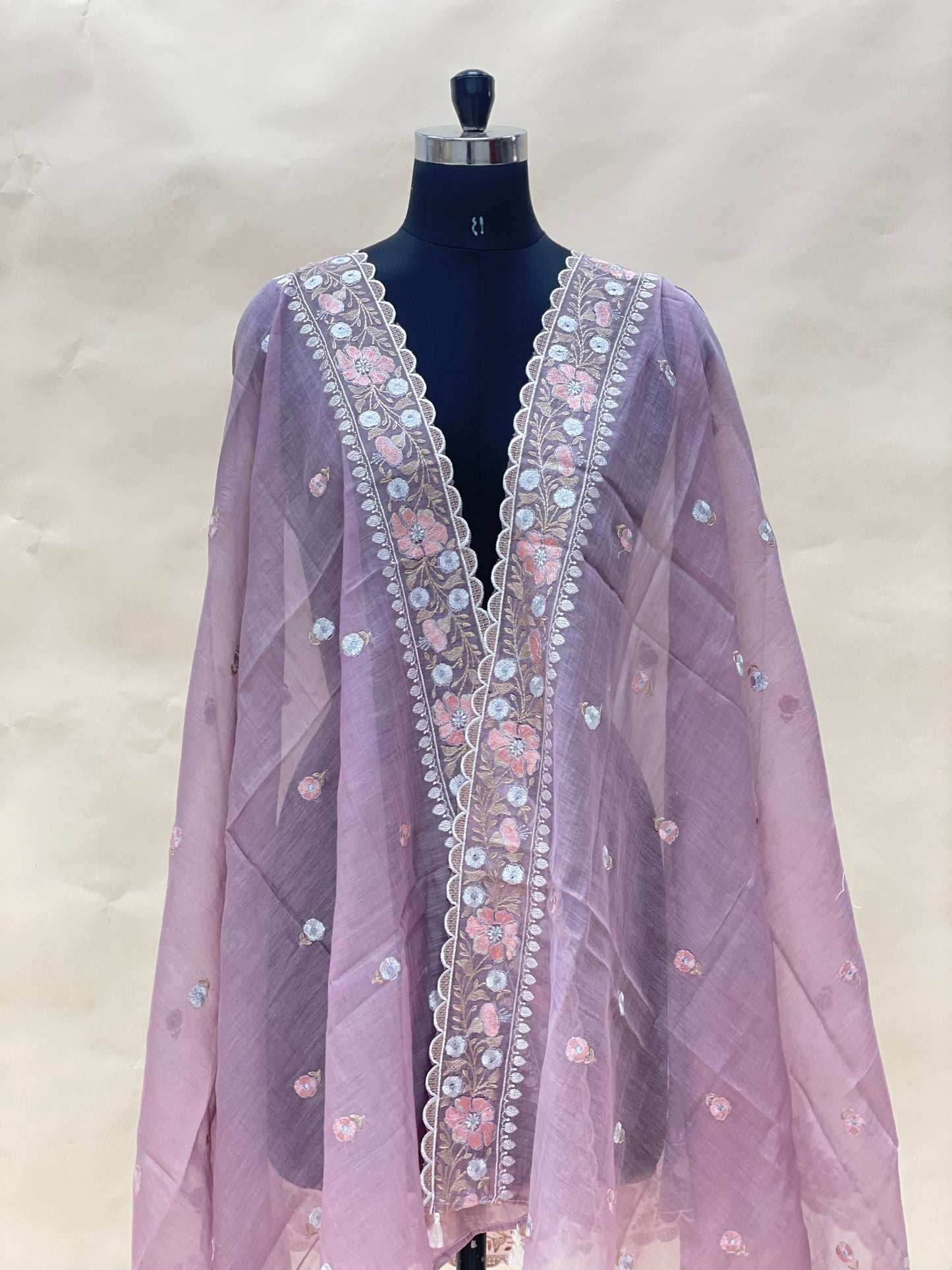 Unique Attractive Floral Thread Embroidery On Purple Chanderi Dupatta