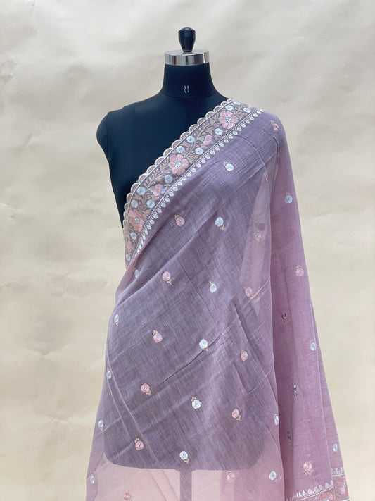 Unique Attractive Floral Thread Embroidery On Purple Chanderi Dupatta