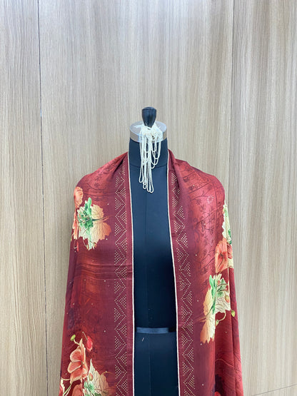 Adorable Fancy Unique Magnificent Floral Print With Golden Stone Work On Chinon Dupatta