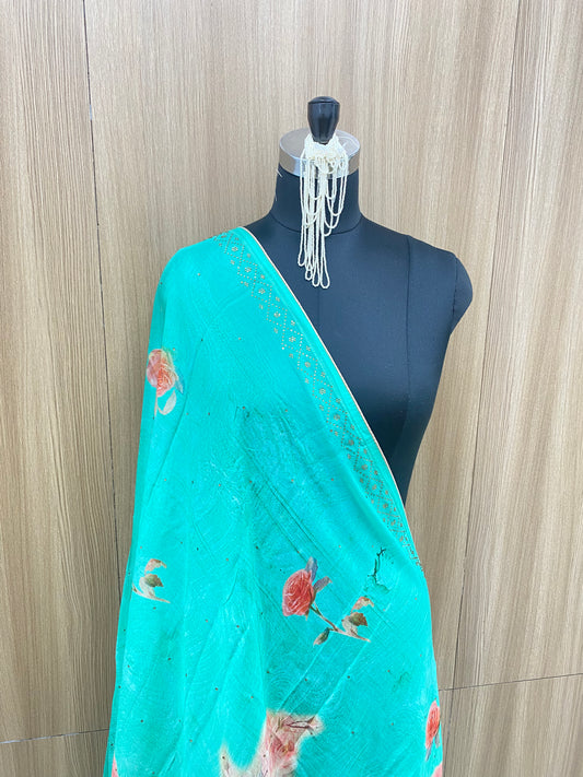 Bright Adorable Pretty Floral Print With Golden Stone Work On Chinon Dupatta