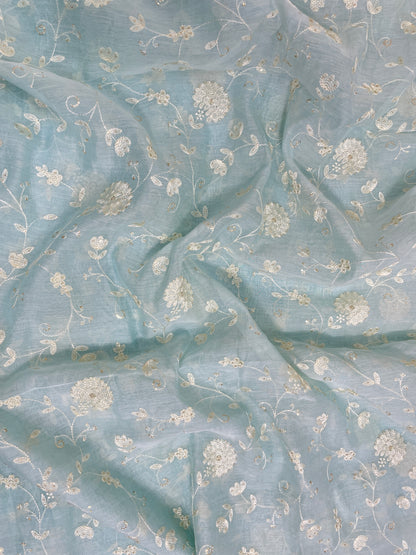 Excellent Attractive White Floral Jaal Thread Embroidery On Chanderi Fabric