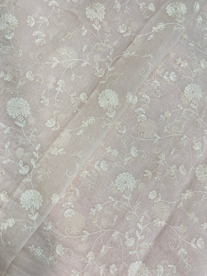 Excellent Attractive White Floral Jaal Thread Embroidery On Chanderi Fabric