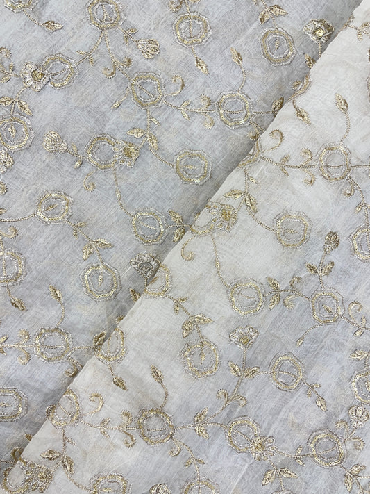 Stunning Shiny Zari Floral Embroidery With Sequin Work On White Dyeable Chanderi Silk Fabric