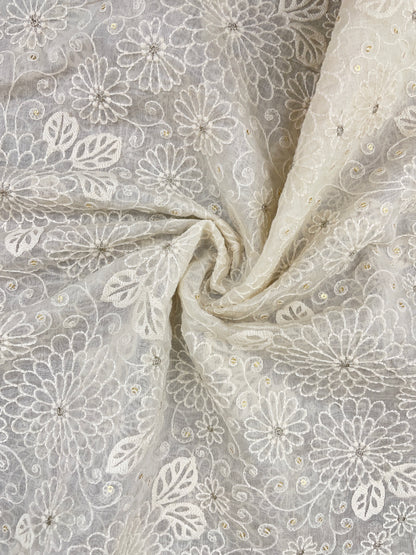 Amazing Fantastic Floral White Thread Embroidery With Zari And Sequin Work On White Dyeable Chanderi Silk Fabric