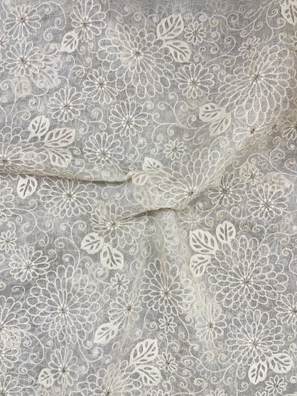 Amazing Fantastic Floral White Thread Embroidery With Zari And Sequin Work On White Dyeable Chanderi Silk Fabric