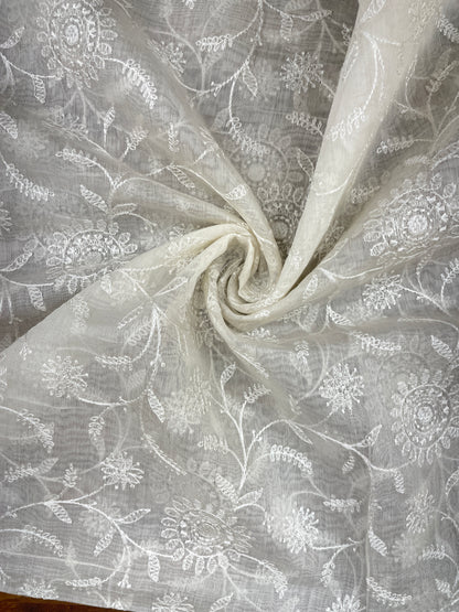 Luxurious Exclusive Ethnic Floral White Thread Embroidery On White Dyeable Chanderi Silk Fabric