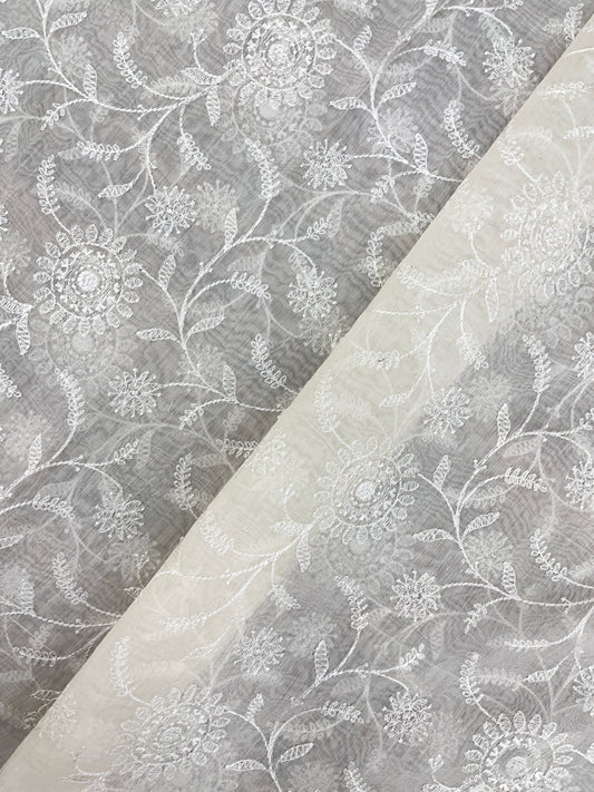 Luxurious Exclusive Ethnic Floral White Thread Embroidery On White Dyeable Chanderi Silk Fabric