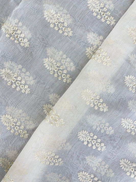 Delicate Gorgeous Traditional Floral Butti Embroidery With Dainty Sequin Work On White Dyeable Chanderi Silk Fabric
