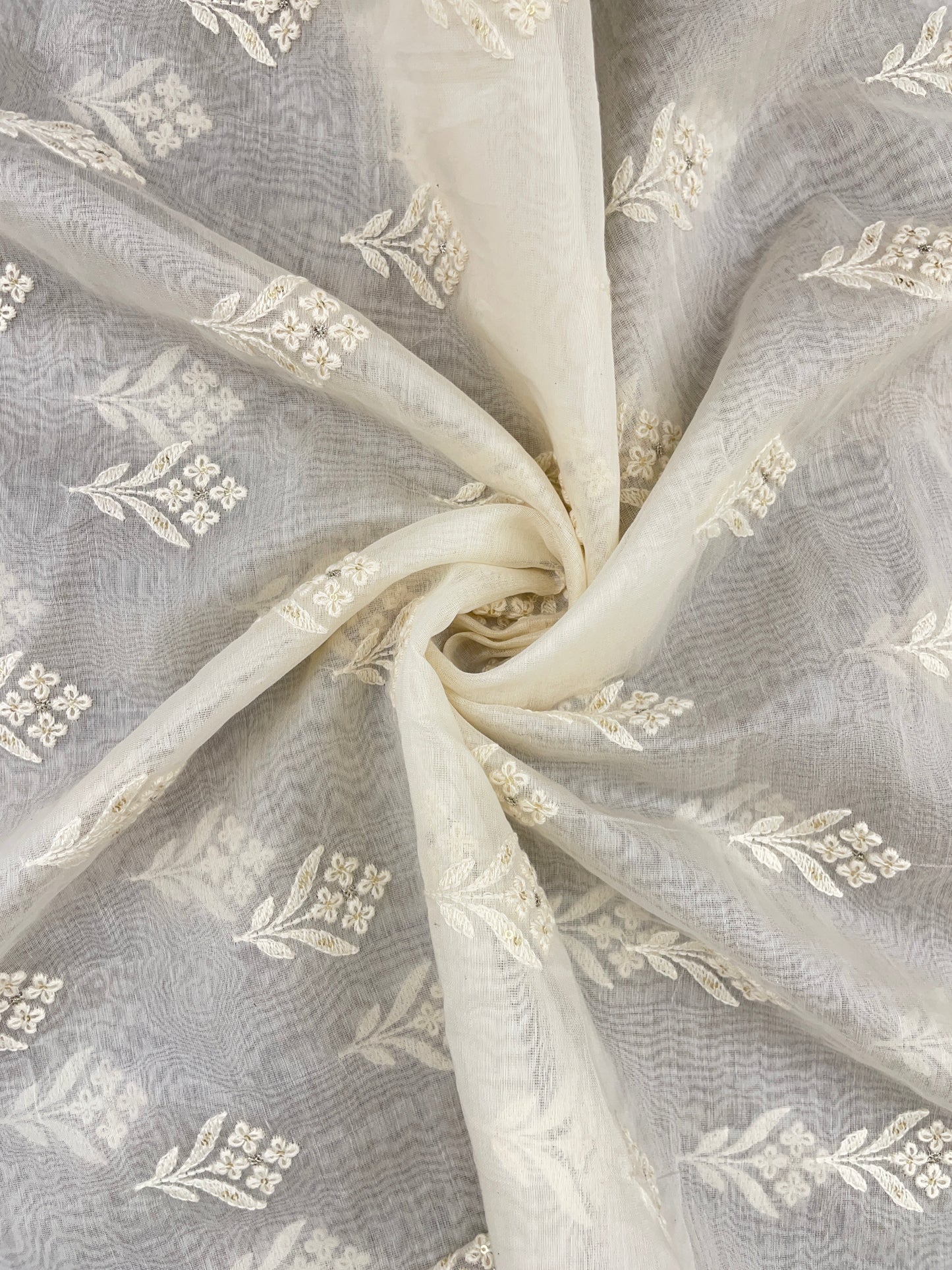 Glorious Delicate Dainty Floral Thread Embroidery With Zari And Sequin Work On White Dyeable Chanderi Silk Fabric