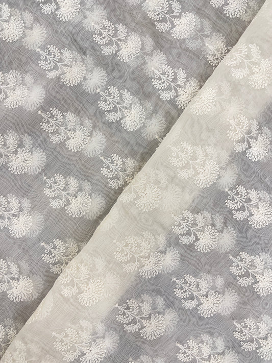 Adorable Unique White Thread Motif Work On Dyeable Chanderi Fabric
