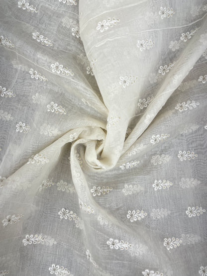 Minimal Pleasant White Floral Thread Embroidery With Zari And Sequin Work On White Dyeable Chanderi Silk Fabric