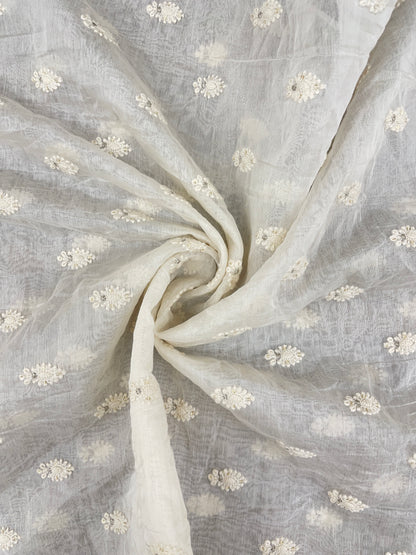 Superb Elegant Traditional White Floral Butti Thread Work With Zari Work On White Dyeable Chanderi Silk Fabric