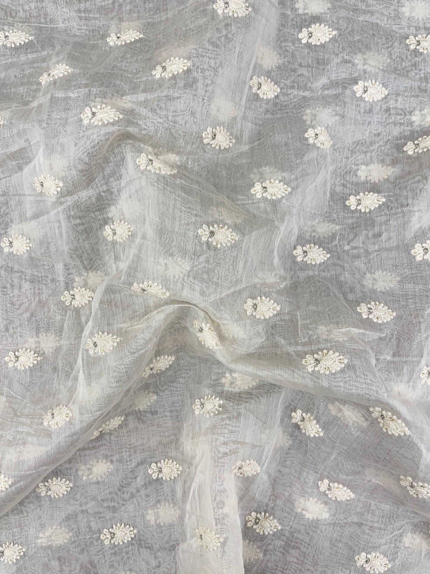 Superb Elegant Traditional White Floral Butti Thread Work With Zari Work On White Dyeable Chanderi Silk Fabric