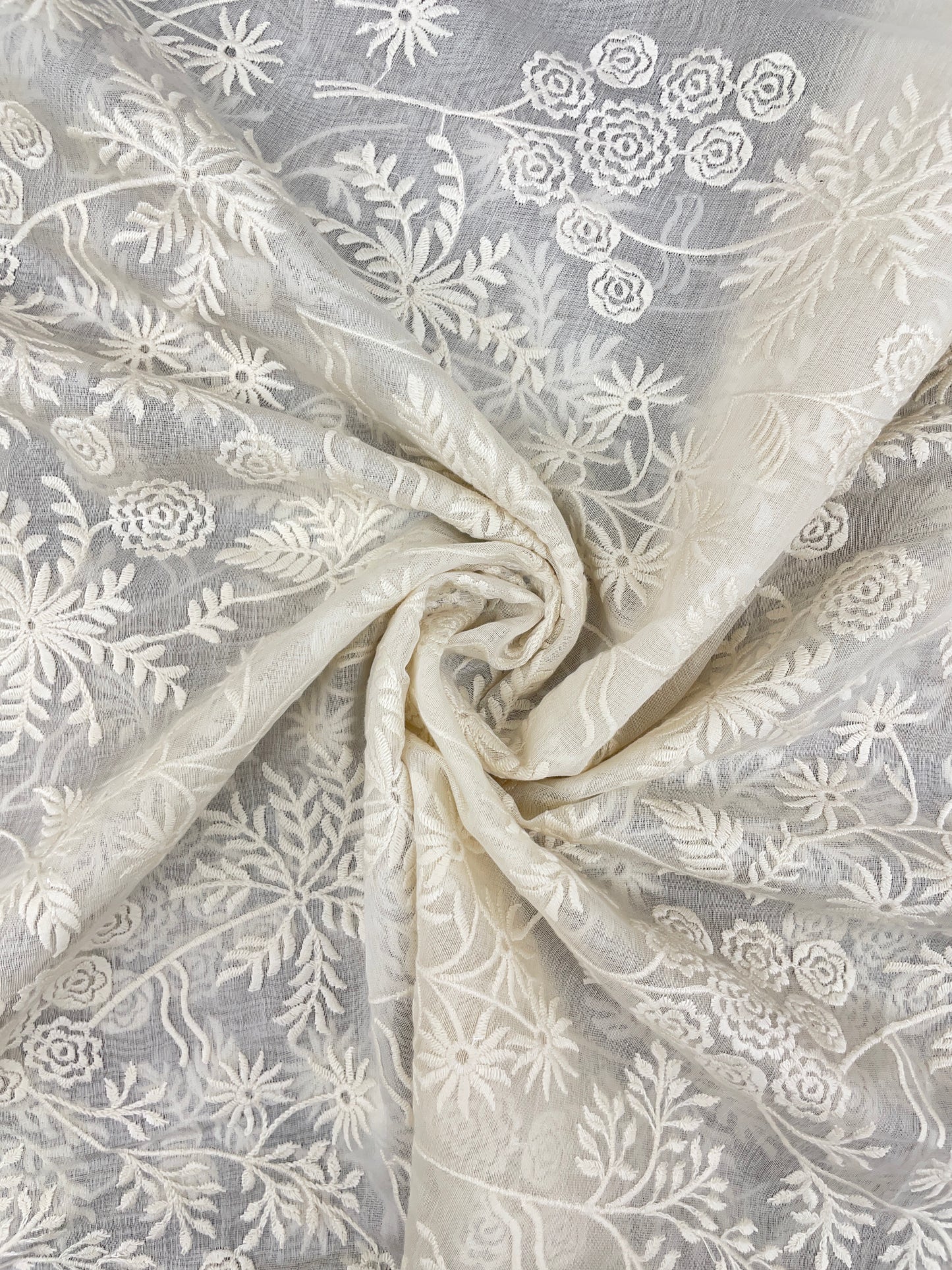 Beautiful Classic Magnificent Floral White Thread Embroidery On White Dyeable Chanderi Silk Fabric